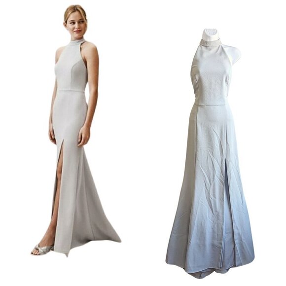 NWT BHLDN Serephina Gray Halter Open-Back Side-Slit Stretch Crepe Maxi Gown Size - Picture 1 of 8